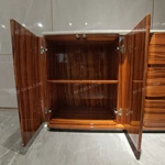 Contemporary High-Gloss Natural Wood Veneer Sideboard with White Marble Top, Double-Door Storage and Three Wide Drawers